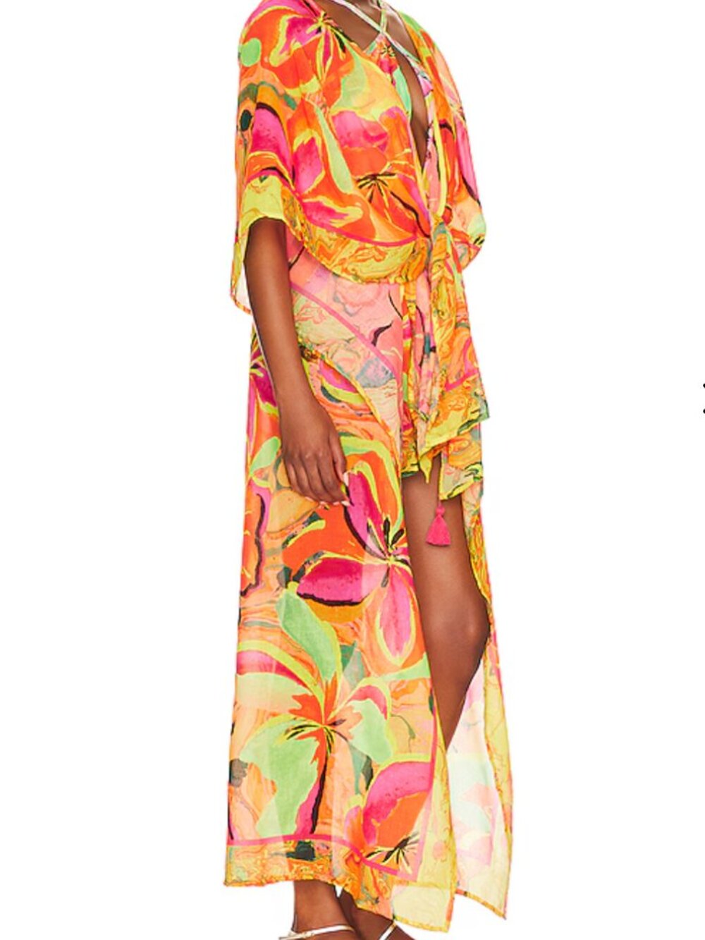 Agua Bendita x Revolve Floral Swim Cover Up Tunic One Size NWT Tassel Kaftan - Picture 3 of 9